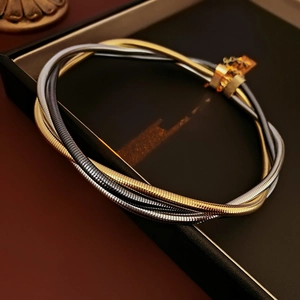 Détail macro d'un collier serpent multicouche or et argent dans son coffret à bijoux