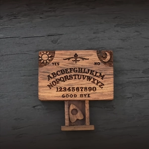 Miniature wooden spirit board and planchette set with detailed engraving for home decor