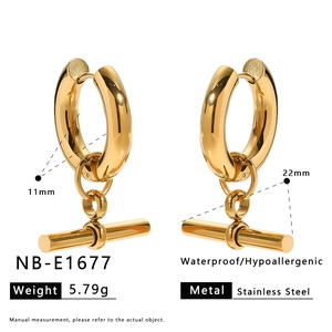 Detailed size specifications for waterproof hypoallergenic gold T-bar stainless steel earrings