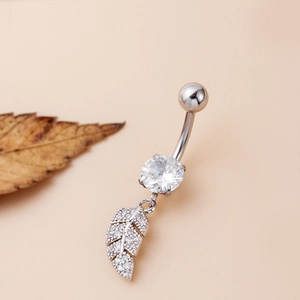 Silver leaf dangle belly ring with sparkling cubic zirconia on stainless steel barbell