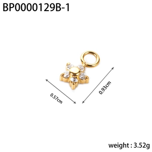 Detail view of flower pendant with zircon inlay showing dimensions 0.93cm and 0.57cm