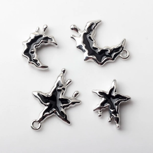 Star and moon drip oil pendants in black enamel and silver alloy for DIY jewelry making