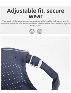 Detail of adjustable metal buckle and breathable perforated fabric on the sports cap