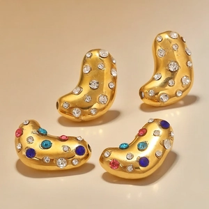 Polished gold bean pendants with colorful rhinestones for DIY necklaces and bracelets