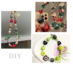 Detailed view of DIY Christmas Santa and snowflake acrylic beads for jewelry making