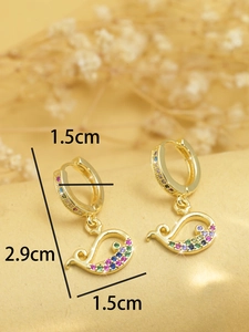 Detailed size view of golden whale earrings with colorful zircons and 2.9cm length