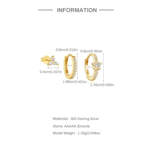 Macro detail of gold S925 sterling silver earrings with AAAAA zircon and size labels