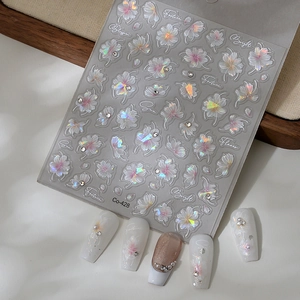 5D Relief Nail Art Stickers Elegant White Flowers Rhinestones Adhesive Waterproof DIY Manicure Decoration For Women