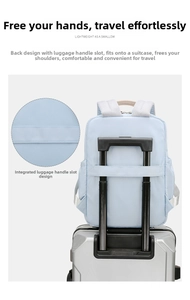 Light blue laptop backpack with integrated luggage strap for easy suitcase attachment