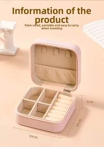 Detail view of pink portable jewelry box showing compact 10x10x5cm size and zipper closure