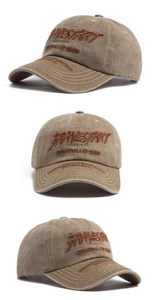 Detailed views of washed cotton khaki baseball cap with 3D embroidery and vintage texture