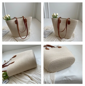 Detail view of beige woven bucket bag with brown strap shown from multiple angles