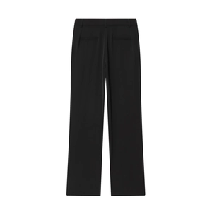 Detail view of the high-quality fabric texture and back cut of these black straight trousers