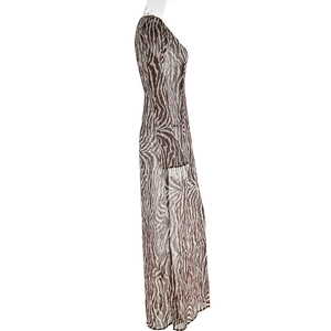 Detail view of brown zebra print long sleeve mesh dress showing texture and fabric