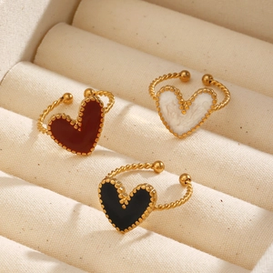 18K gold plated heart ring set with burgundy, pearl white and black enamel hearts