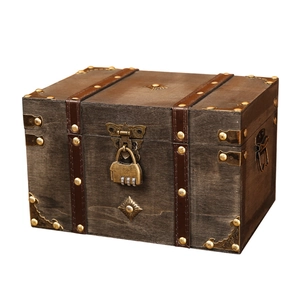 Vintage wooden storage box with leather straps and metal lock on white background