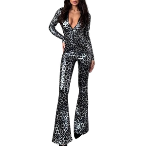 Silver leopard print jumpsuit with deep V-neck and flared legs for party wear