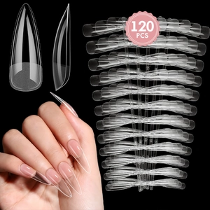 Detailed view of 120 piece set of clear stiletto false nails with transparent almond tips