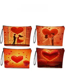 Detail display of four canvas cosmetic bags featuring romantic red heart pattern prints