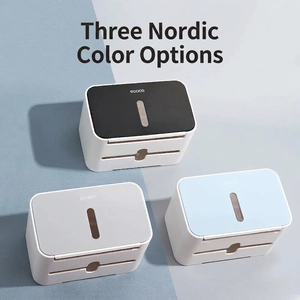 Wall-mounted waterproof bathroom tissue box in black, grey, and blue stylish finishes
