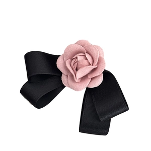 Sweet camellia bow hair clip with black satin and pink rose for elegant women's styling