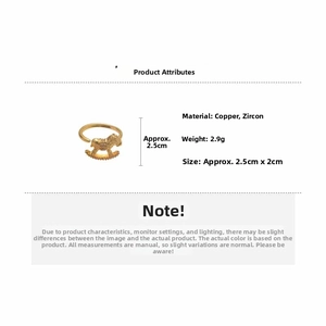 Macro view of gold copper rocking horse ring with zircon stone and dimensions info
