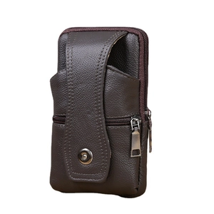 Vertical dark brown leather phone holster with snap flap and side zipper pocket