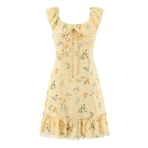 Mini Abito Gingham Con Stampa Limone Poliestere Bordo In Pizzo Maniche A Volant Scollo Quadrato Stile Retro
