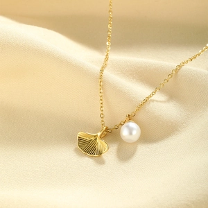 Ginkgo Leaf Pendant Necklace Stainless Steel 18K Gold Plated With Round Artificial Pearl Elegant Minimalist Jewelry For Women