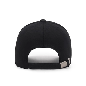 Rear view of black canvas baseball cap with adjustable metal buckle and long brim