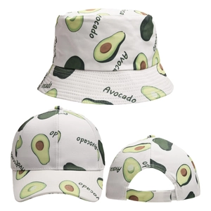 Detail view of white sun hat set with green avocado print pattern and artistic typography
