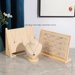 Jewelry Display Stand Bamboo Wood Base Linen Burlap Necklace Holder Ring Organizer Bracelet Rack Portrait Bust Showcase