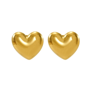 Polished 18K gold-plated stainless steel heart stud earrings for women on white background