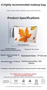 Detailed size specifications and material view of autumn maple leaf makeup bag