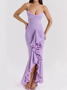 Elegant lavender V-neck spaghetti strap evening dress with ruffle layers and mermaid hem
