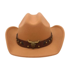 Detail of tan felt cowboy hat with leather band, studs and bull head metal ornament