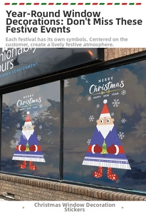 Detail of blue Santa-themed window stickers with Merry Christmas and snowflake patterns