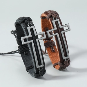 Handmade vintage black and brown braided leather bracelets with alloy cross pendants