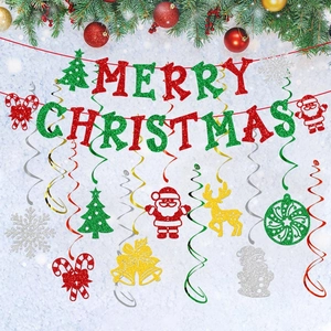 Merry Christmas Banner And Spiral Hanging Ornaments Glitter Paper Xmas Tree Reindeer Snowflake Party Decoration Home Ceiling