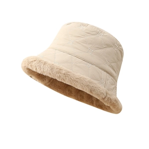 Quilted beige winter bucket hat with faux fur trim and flower embroidery for women