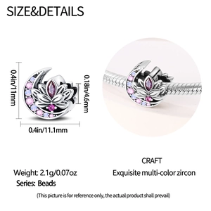 Detail of silver moon lotus bead with multi-color zircon and size specifications