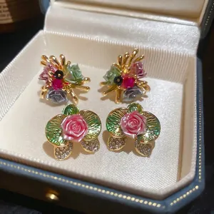 Flower Stud Earrings Alloy Resin Rhinestone With 925 Sterling Silver Earring Post Monet Oil Painting Style Vintage Jewelry Women