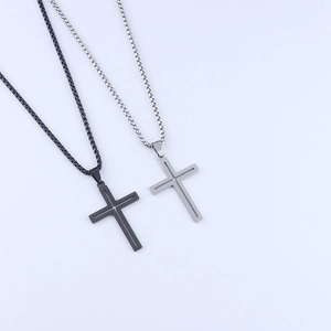 Polished stainless steel hollow cross pendant necklaces in black and silver finishes
