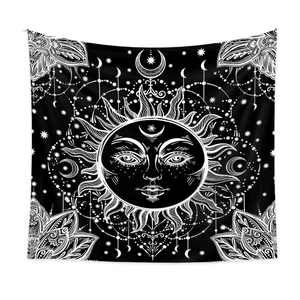 Bohemian sun and moon phase wall tapestry with celestial mandala stars and high contrast