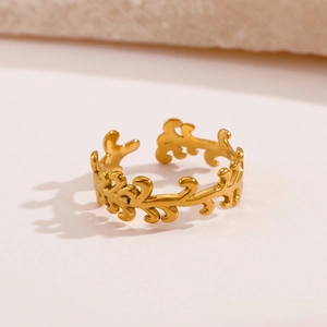 Bague ouverte vintage en acier inoxydable plaqué or 18 carats avec motif de feuilles