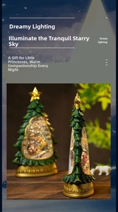 Close-up of Christmas tree music box with gold base and sparkling water globe details