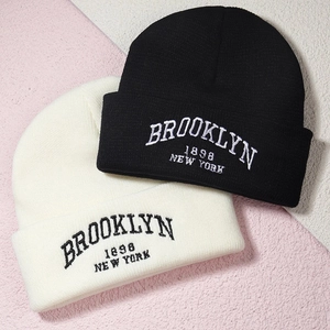 Brooklyn 1898 New York Letter Embroidered Beanie Hat Knitted Acrylic Warm Winter Cap Casual For Men Women