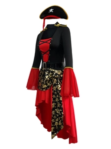 Detail of female pirate costume with skull hat, asymmetrical dress and gold trim