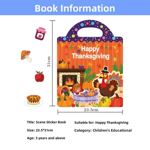 Detail view of Thanksgiving scene sticker book with dimensions 23.5x31cm for kids age 3+