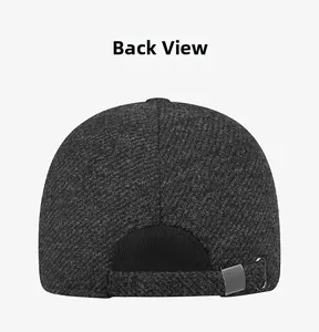 Detailed back view of men's winter wool baseball cap with adjustable strap and ear protection